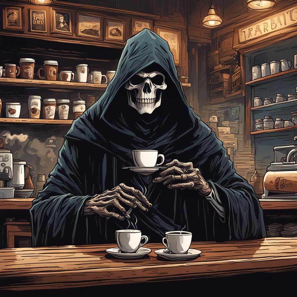 Grim Reaper Drinks Coffee: Detailed Matte Painting