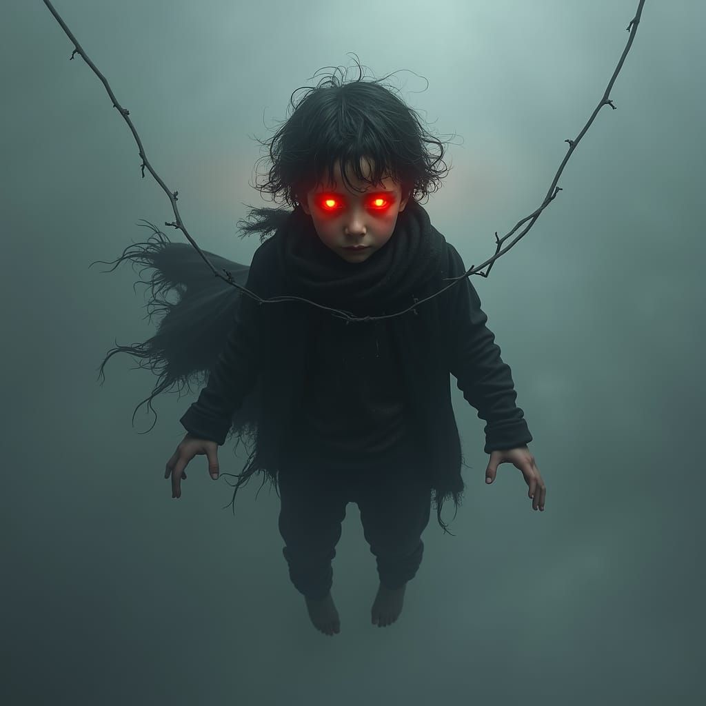 Mystical Boy Suspended in Air with Glowing Eyes