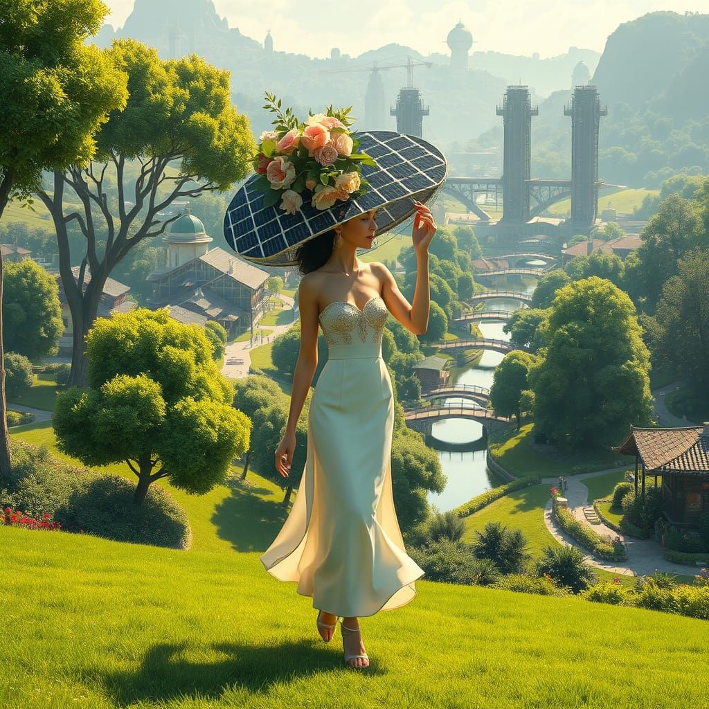 Solarpunk Lady Strolls Through Vibrant Green Town