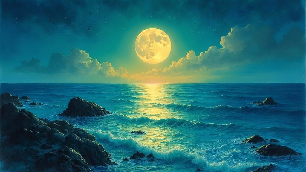 Twilight Seascape with Luminous Moon, in Watercolor Style