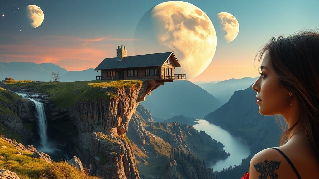 Surreal Cliffside Oasis with Waterfall and Alien Landscape