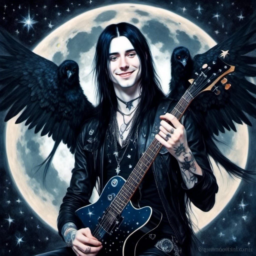 Gothic Angel Rockstar Flying in Cosmos