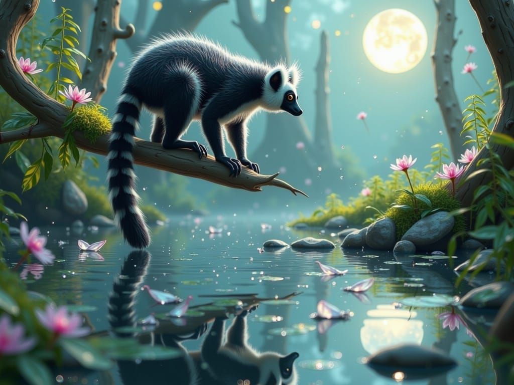 Surreal Digital Painting of Regal Black and White Catta Lemu...