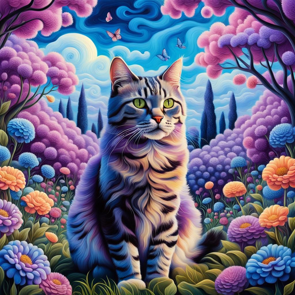 Surreal Cat in a Fantastical Garden