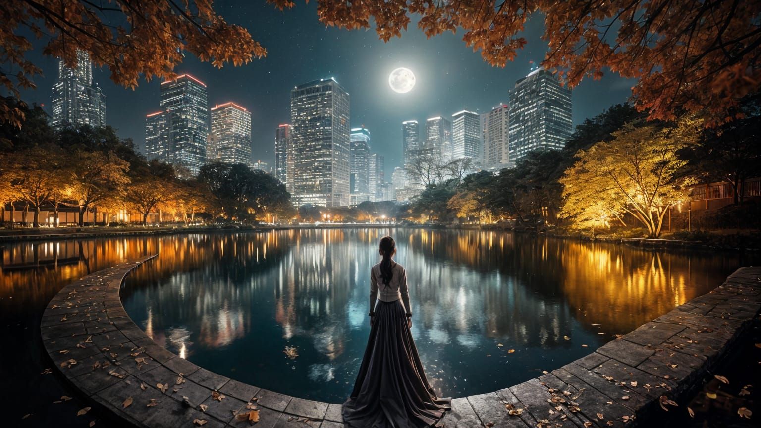 Tokyo Night View: Autumn Moonlit Garden & Cityscape