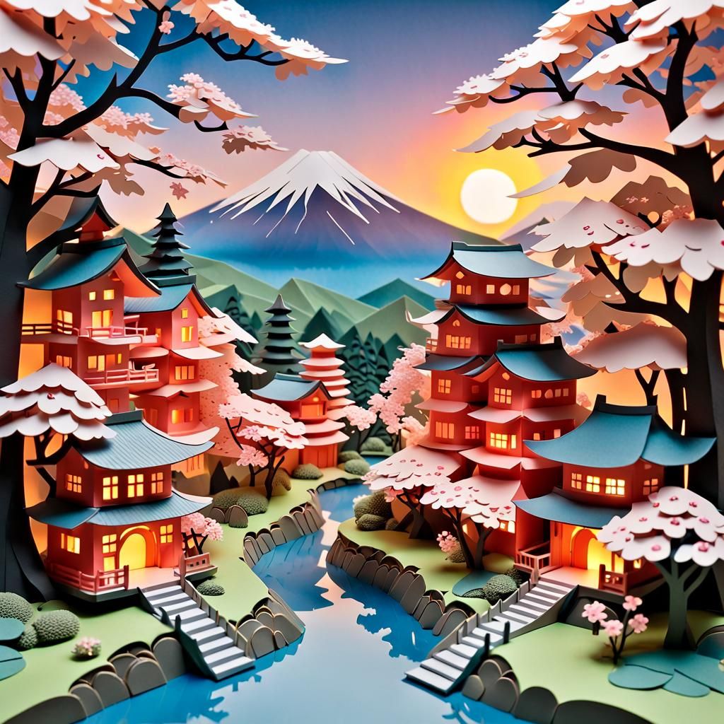 Japanese Fairy Village Kirigami Paper Cutout Art