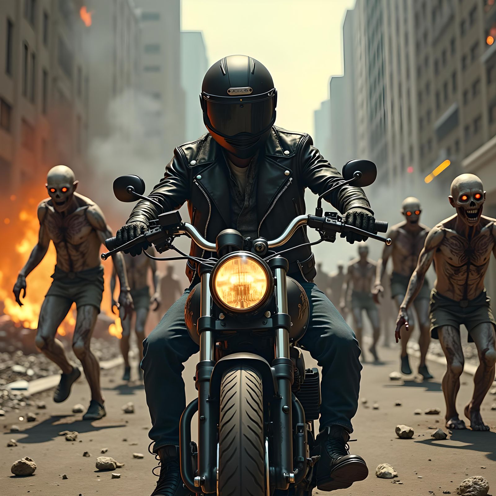 Motorcyclist vs Zombies in Apocalyptic Cityscape
