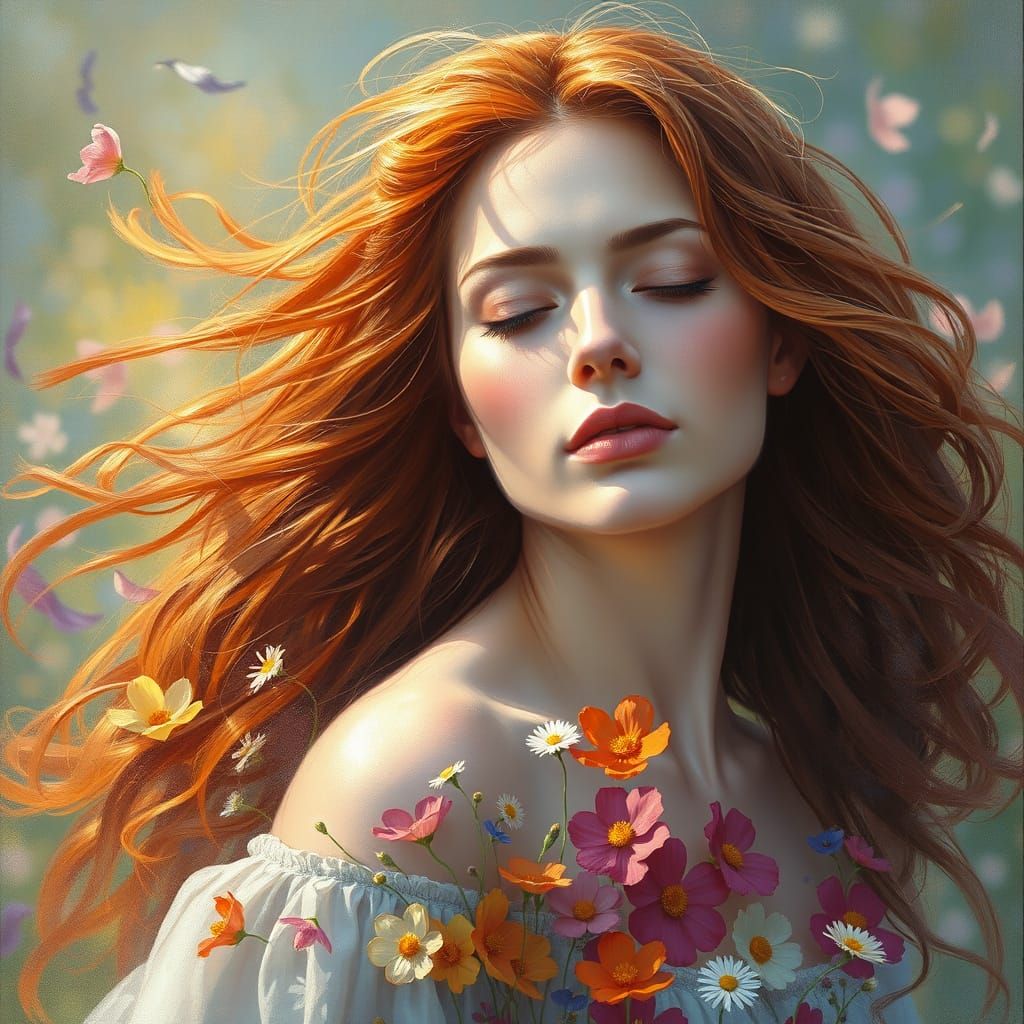 Woman Carried by Wildflowers in Impressionistic Style