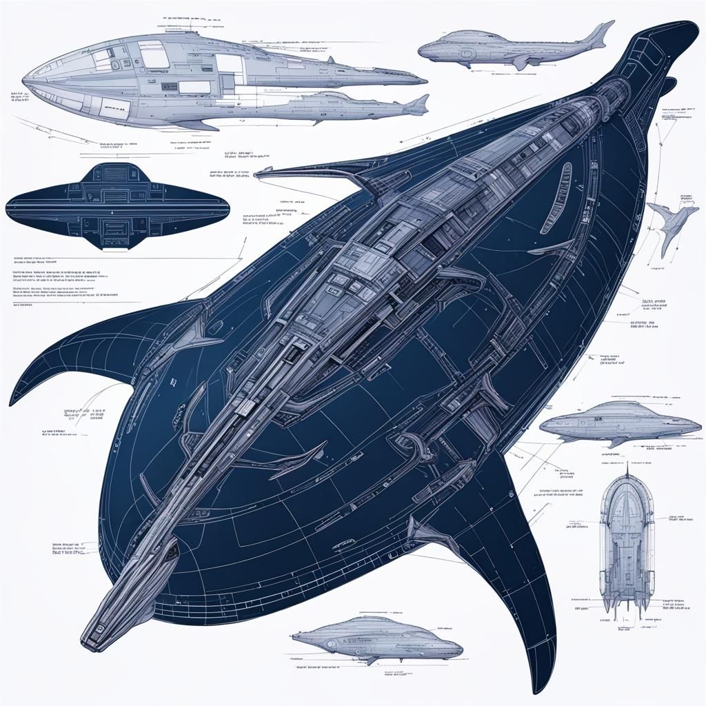 Futuristic Whale Spaceship Blueprint in Sci-Fi Style