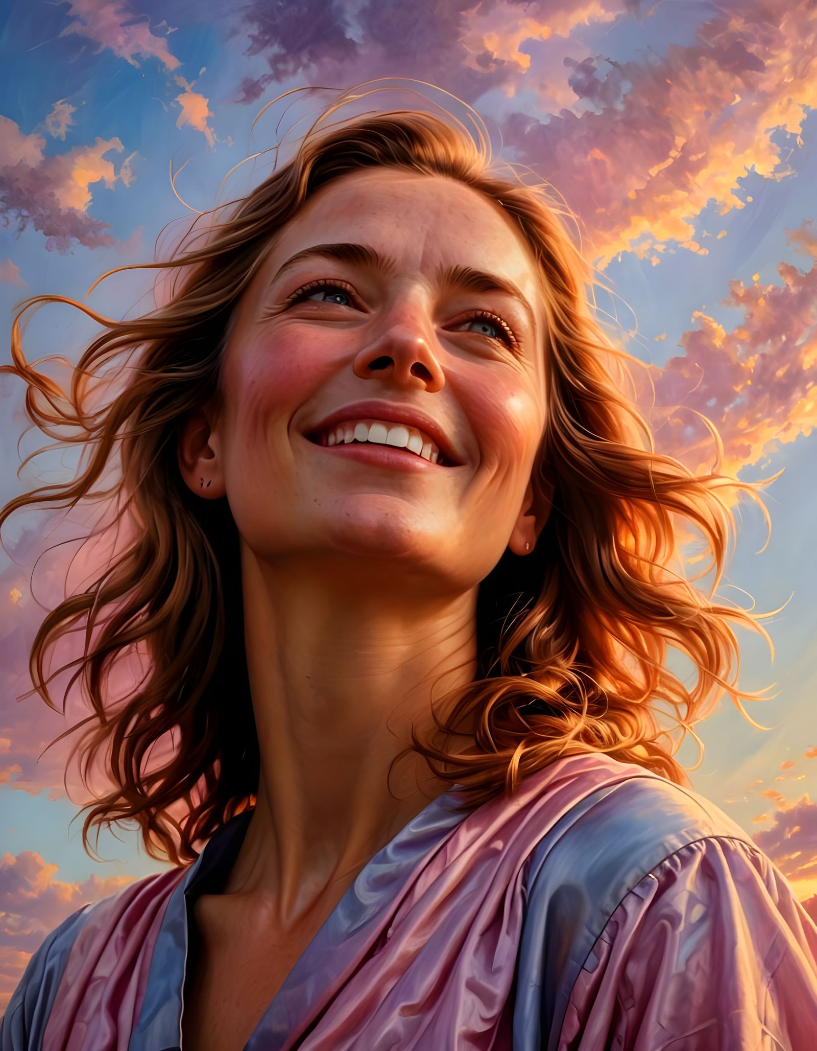 Hyperrealistic Woman with Colorful Sky Background