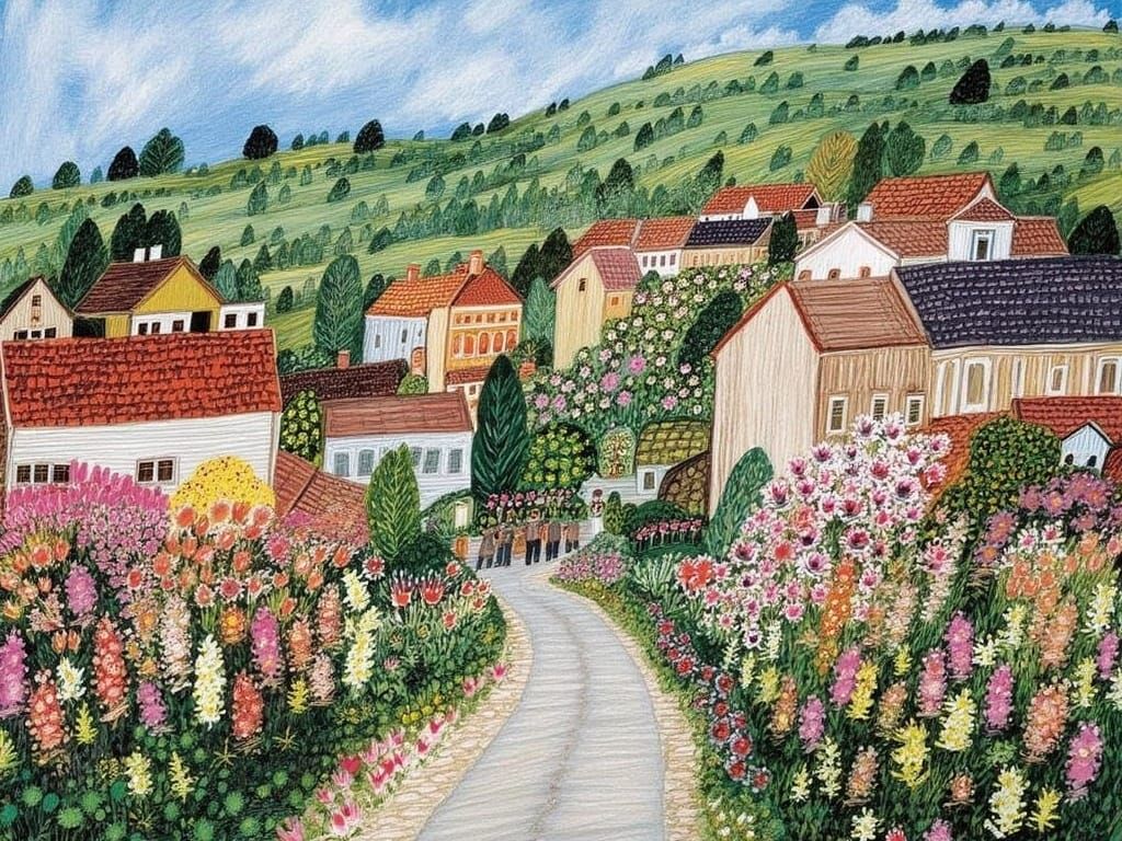 Whimsical Street Scene in Fairytale Town with Vibrant Hollyh...