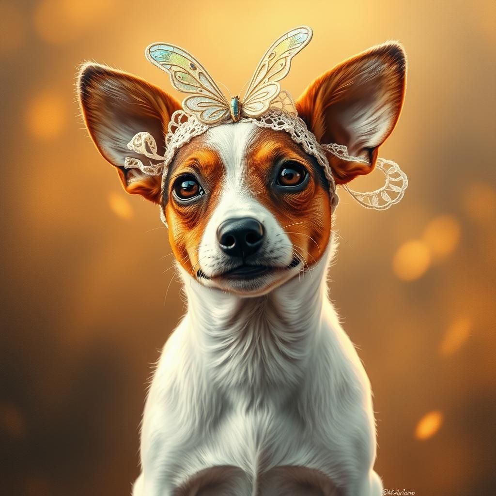 A jack russell terrier wearing a lacework butterfly headband