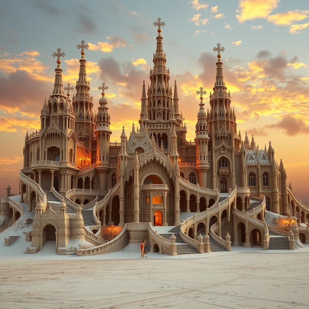 Ornate Sandcastle with Sweeping Staircases, Dramatic Lightin...
