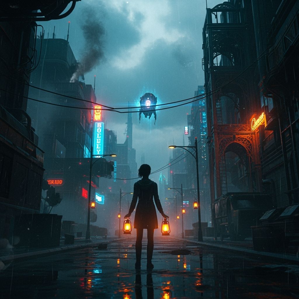 Eerie Woman Gazing at Artifact in Noir Cityscape