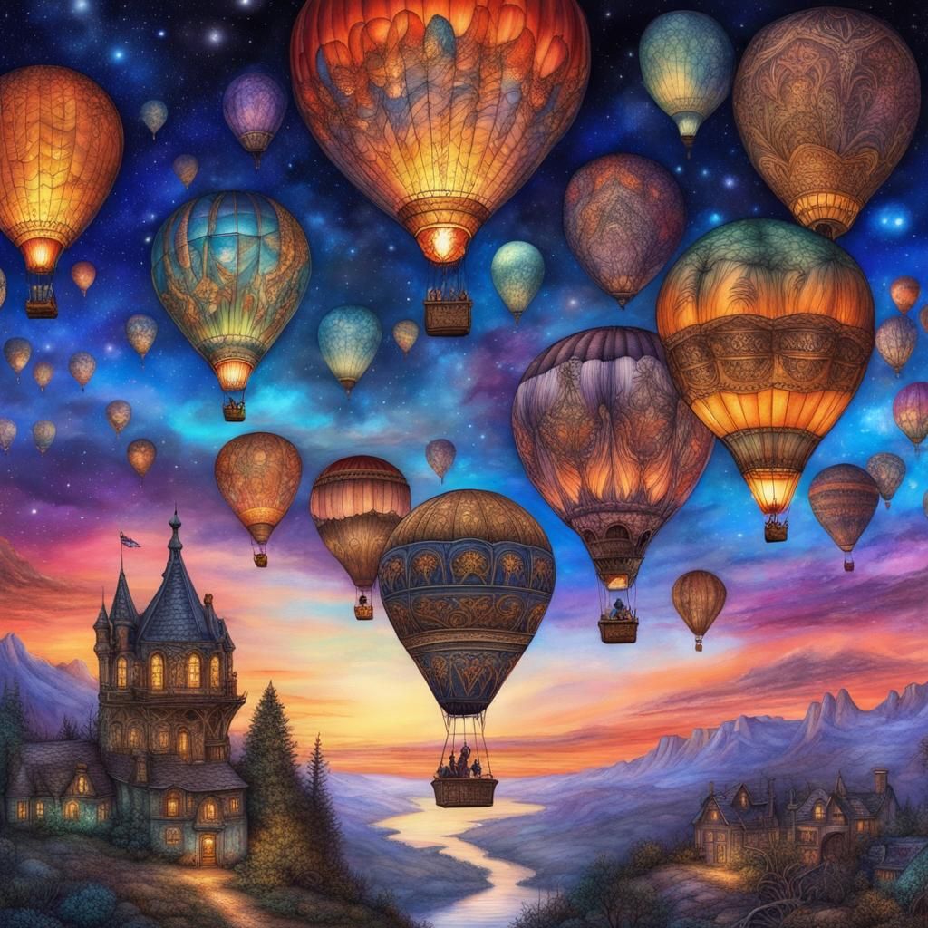 Twilight Sky Hot Air Balloons in Art Nouveau Style