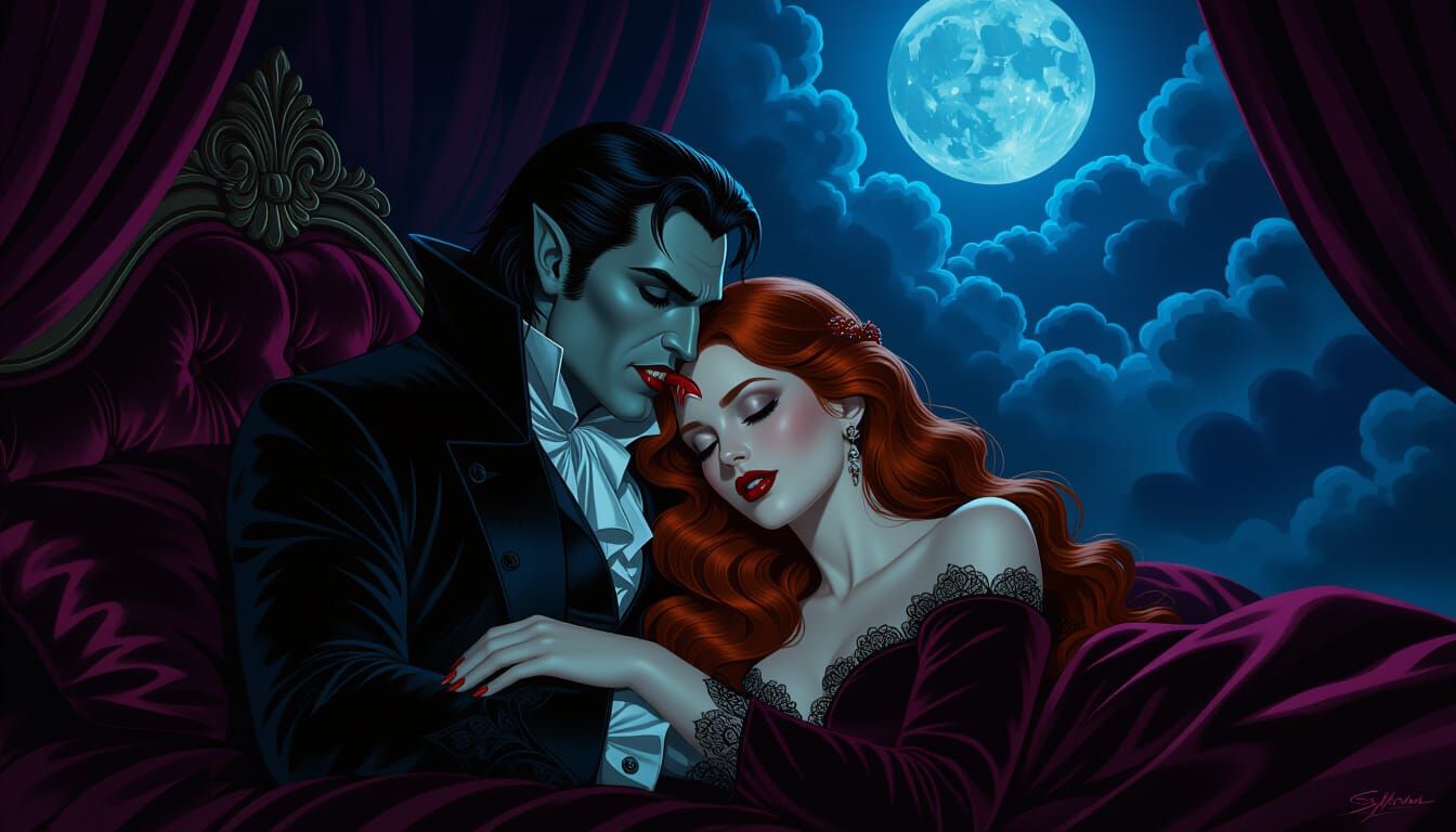 Gothic Vampire Bites Sleeping Woman in Moonlit Bedroom