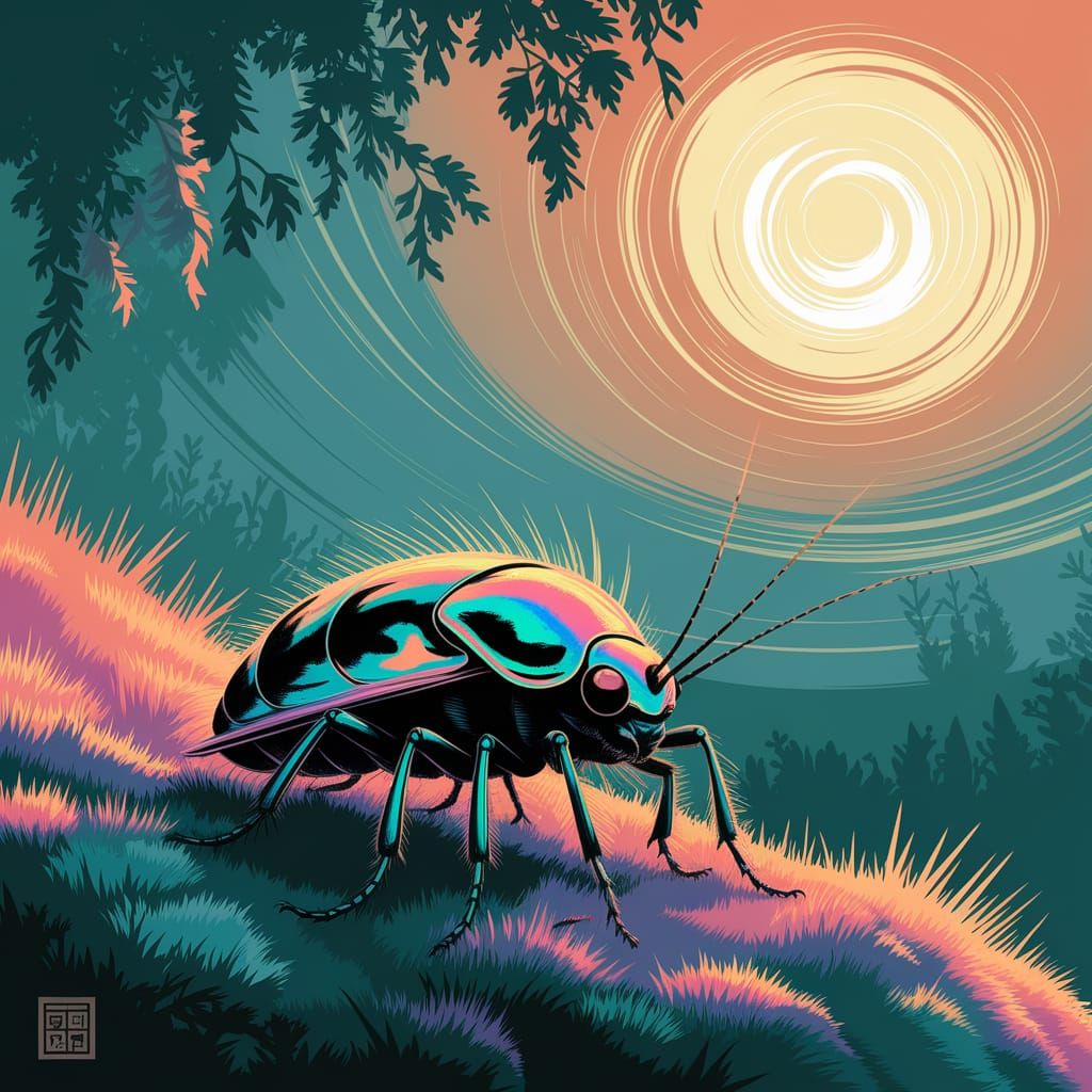 Iridescent Bug on Luminous Moss in Impressionistic Style