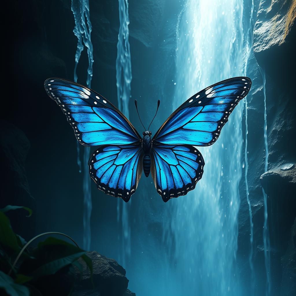 Blue Butterfly Shimmers Behind Waterfall: Digital Matte Pain...