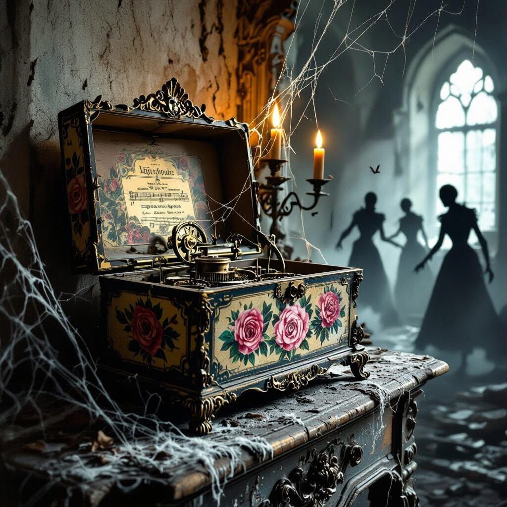 Haunted Music Box in Abandoned Manor: Gothic Dark Fantasy