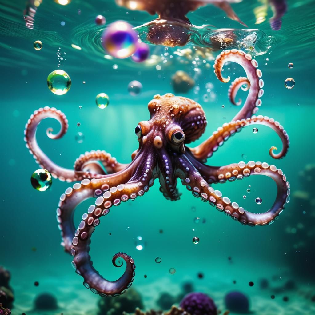 Octopus in Ocean Releases Bubbles: Underwater Photography