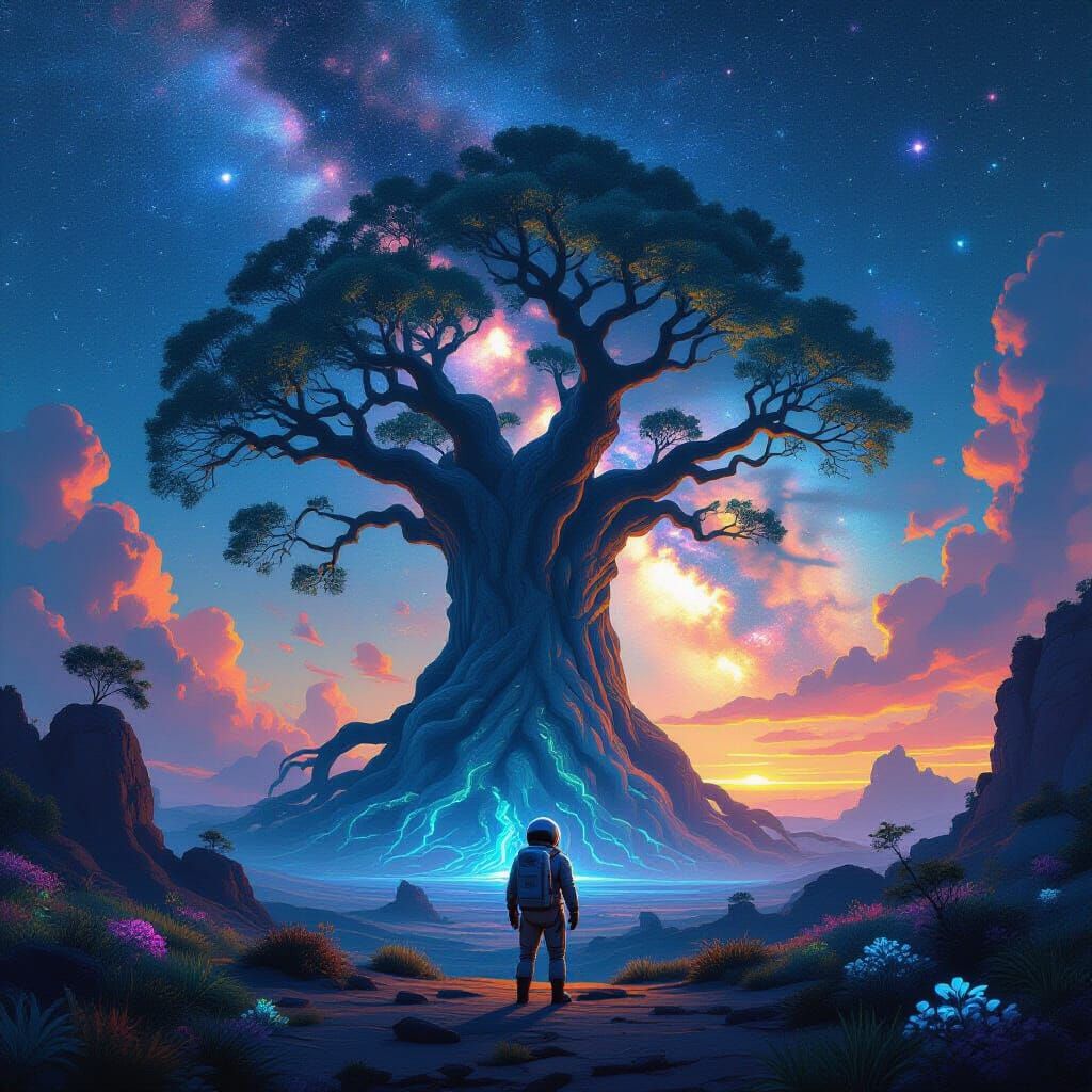 Astronaut and Ancient Tree on Alien Planet