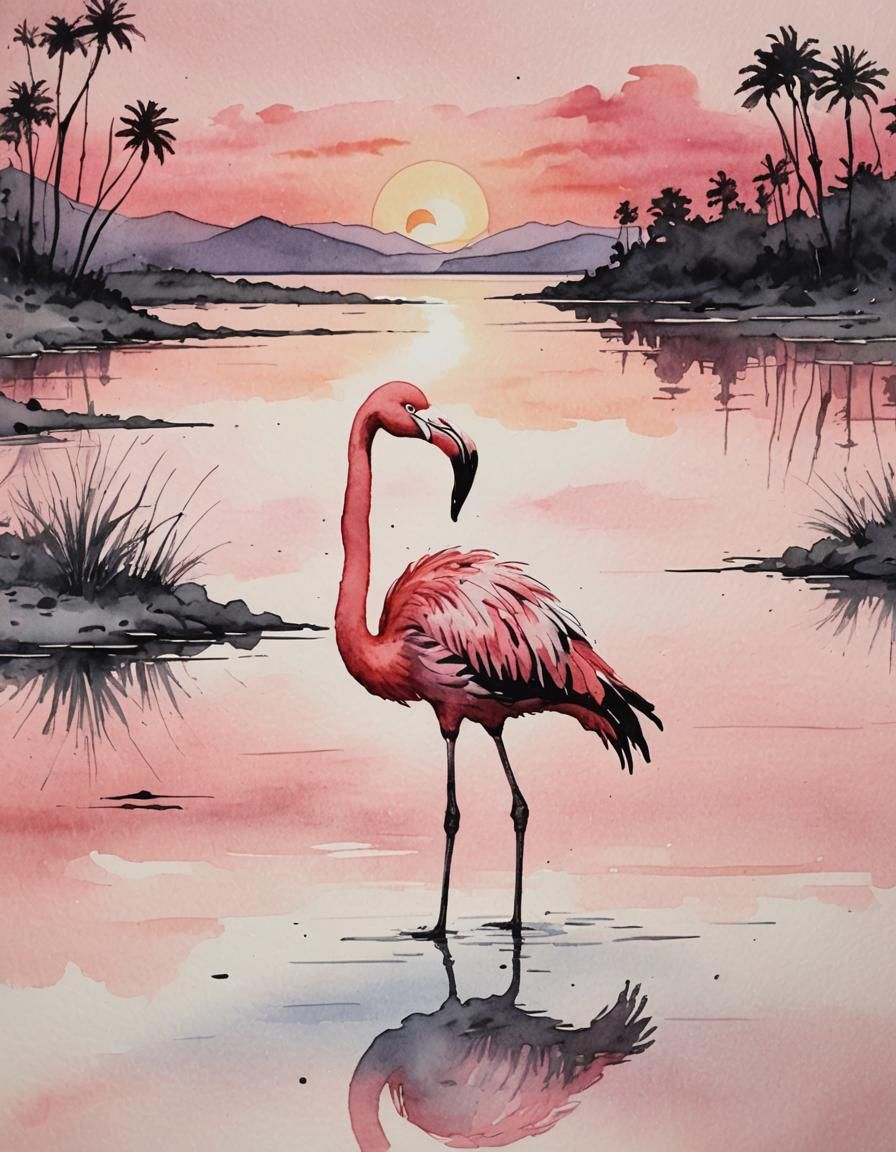 Pink Flamingo Watercolor Sunset Illustration