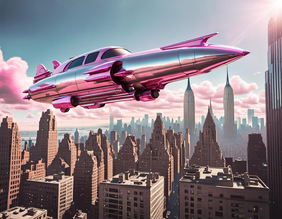 Raygun Gothic Cadillac Flying Over Retrofuture City