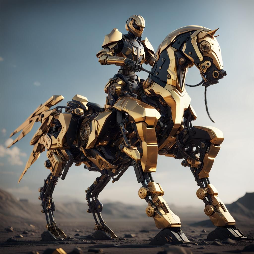 Futuristic Knight on Mechanical Horse in Sci-Fi Style
