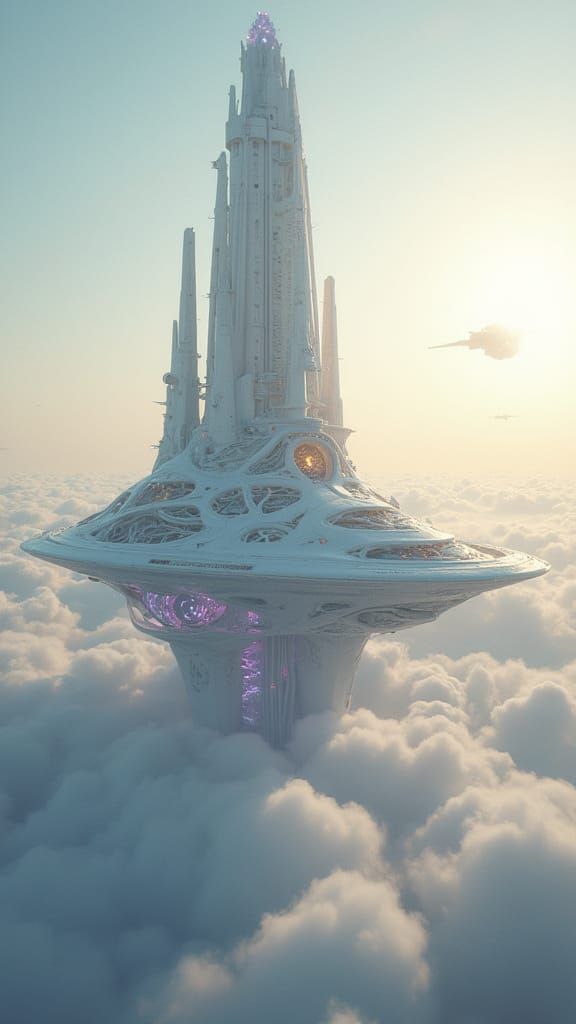 Cosmic Starship Suspended Above Oceanic Clouds in Surreal De...