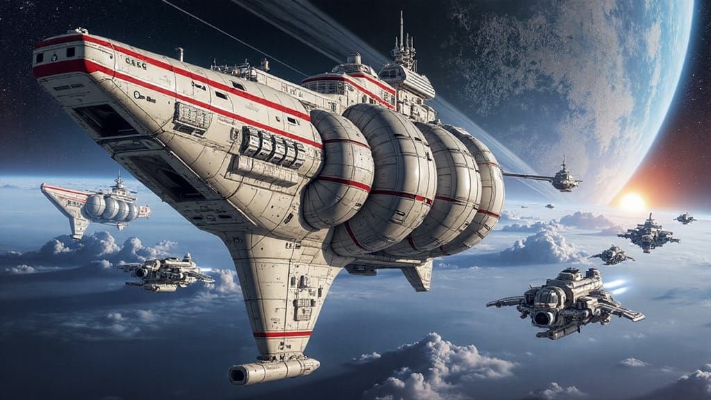 Fleet of Starships in Retro-Futuristic Style
