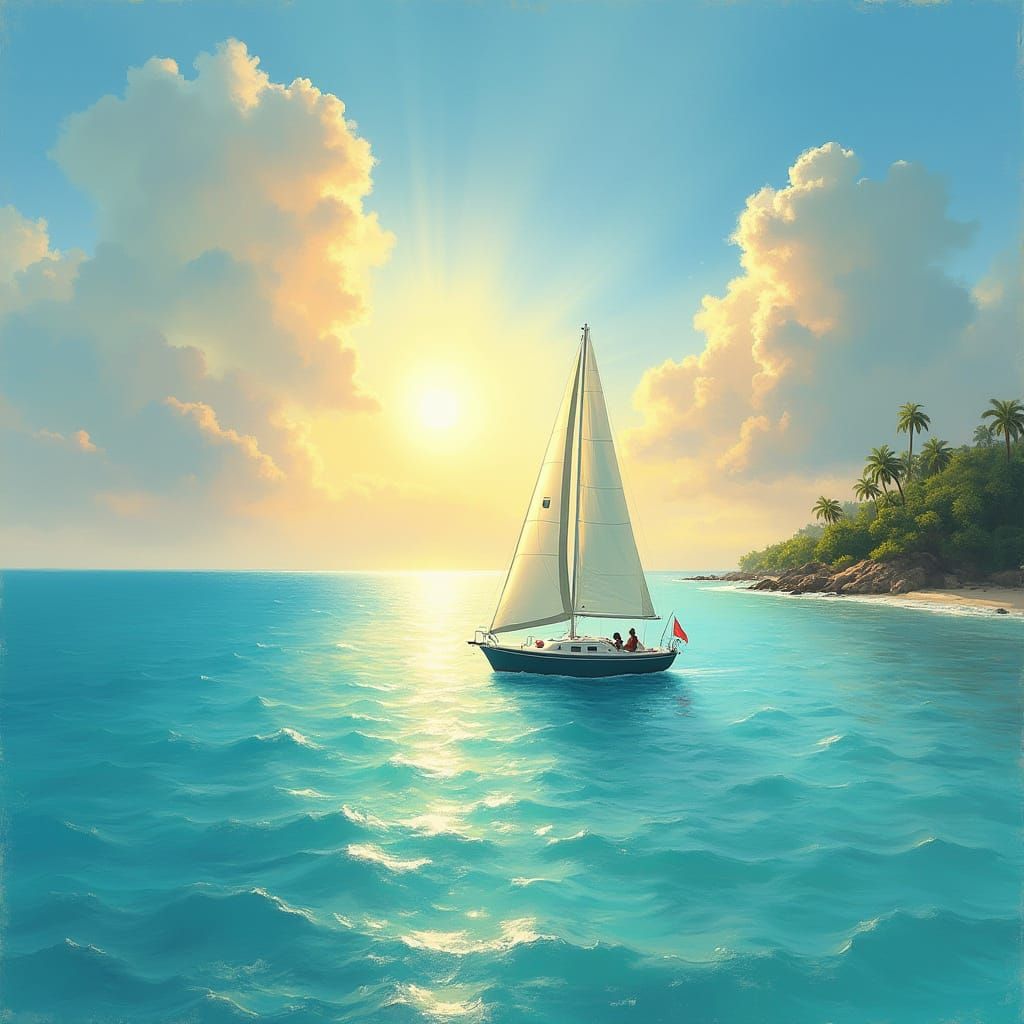 Sunset Sailboat on Turquoise Waters in Impressionist Style