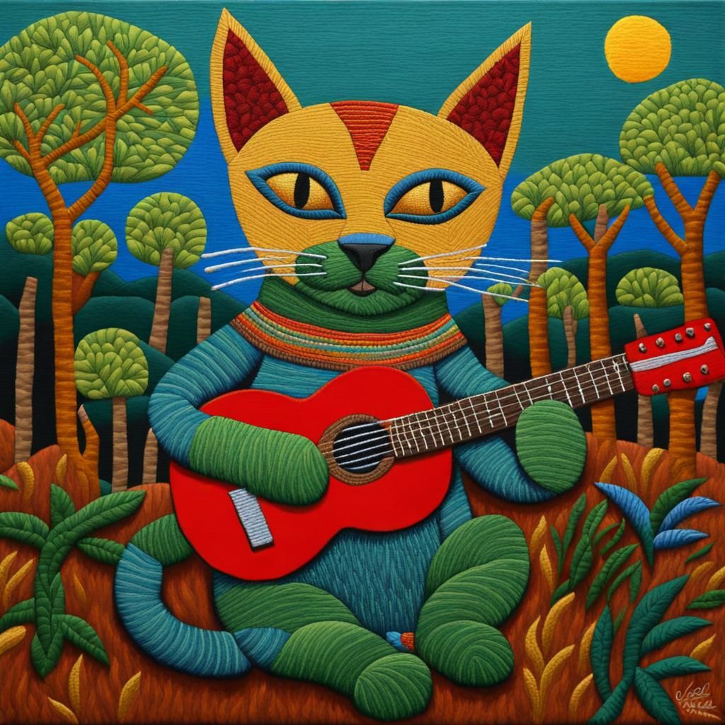 Cat Playing Guitar in Dogon-Gond Embroidery Style