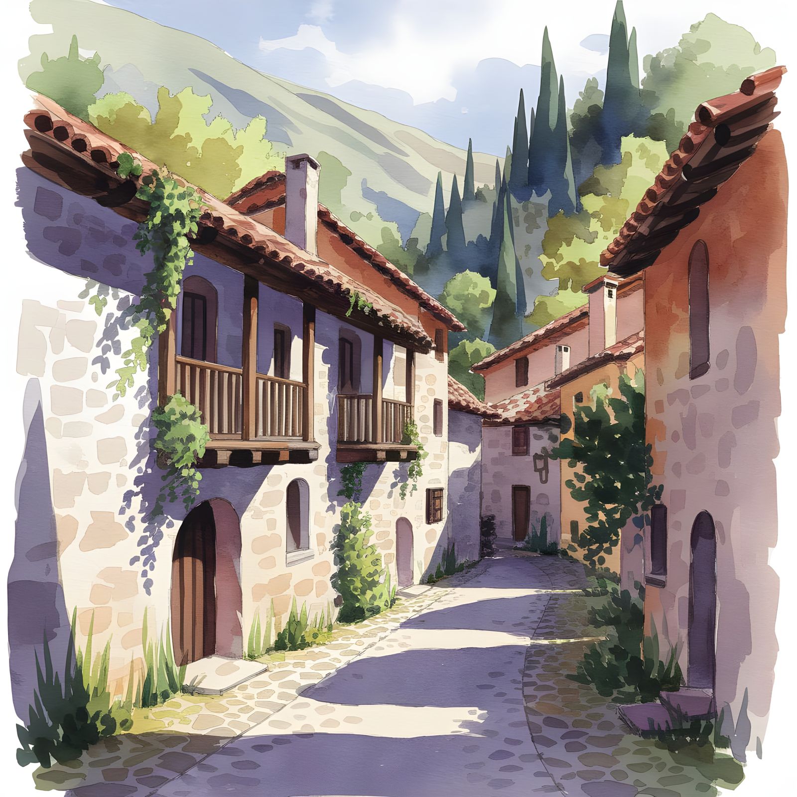 Traditional Cypriot Village in Autumn Watercolour