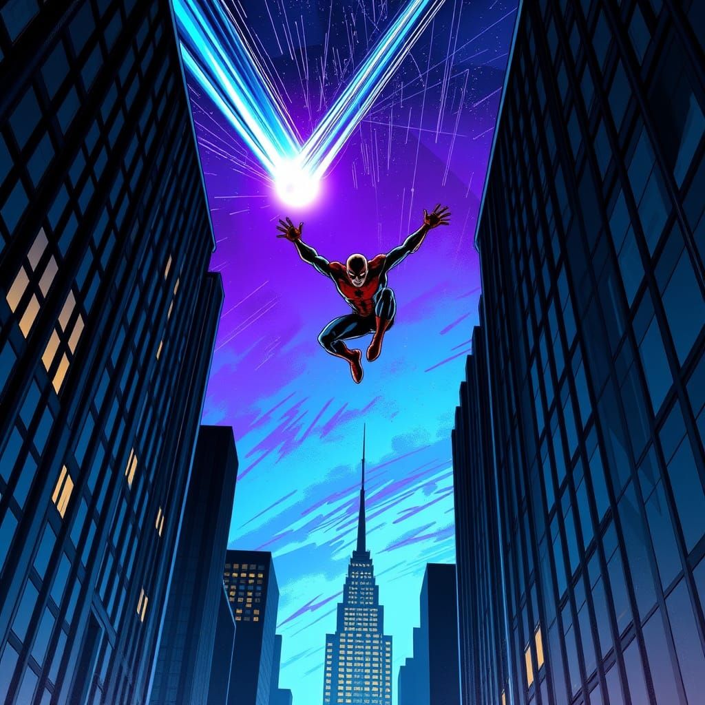 Superhero Parkour Between Skyscrapers Under Comet Hale-Bopp