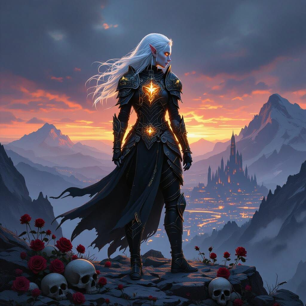 Albino Elf Warrior Overlooking Shadow City in Dark Fantasy S...