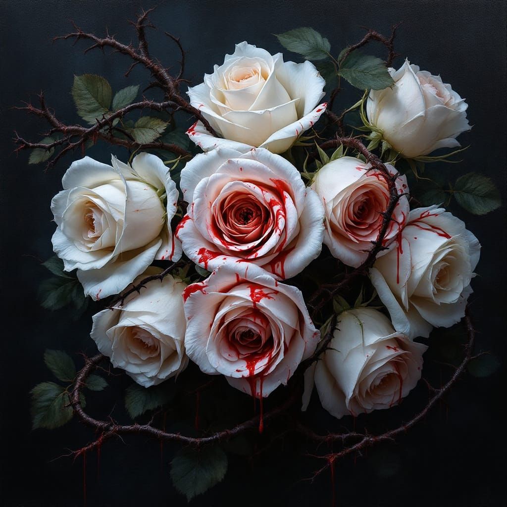 Melancholic White Roses Bleeding Blood on Thorny Vines