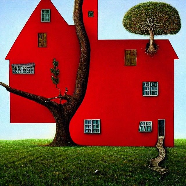 Surreal Red House with Tree, Digital Painting