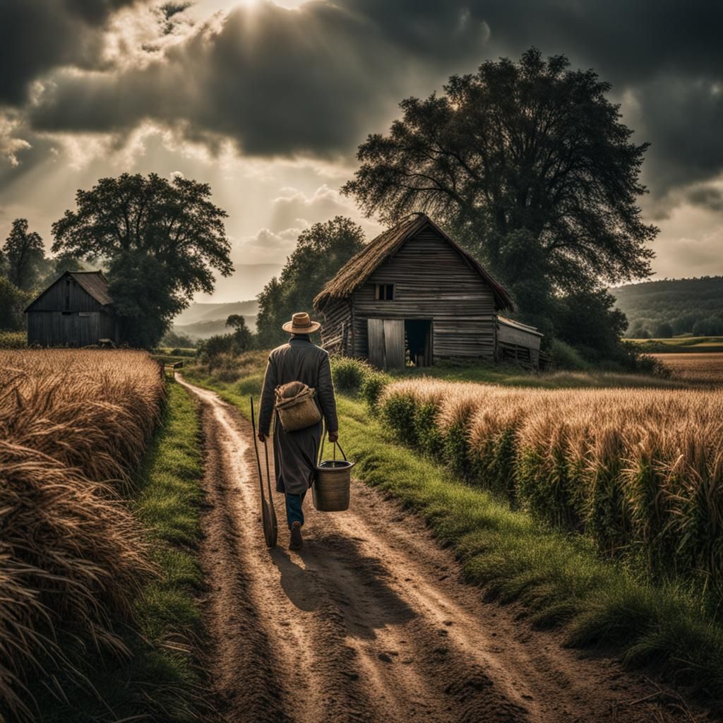 Hyperrealistic Working Man Returns to Farmhouse