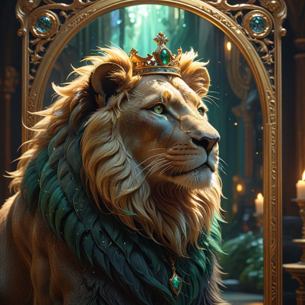Regal Cat Sees Majestic Lion's Head in Mystical Mirror, Stun...