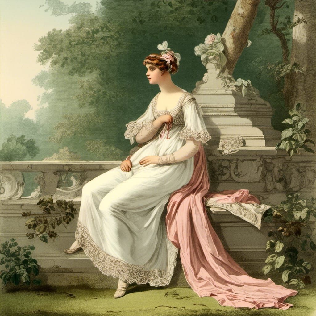 Girl in Regency Dress in Palladian Garden