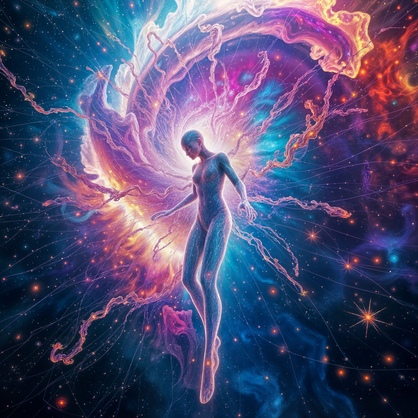 Cosmic Entity Unveiled in Swirling Vortex of Radiant Colors