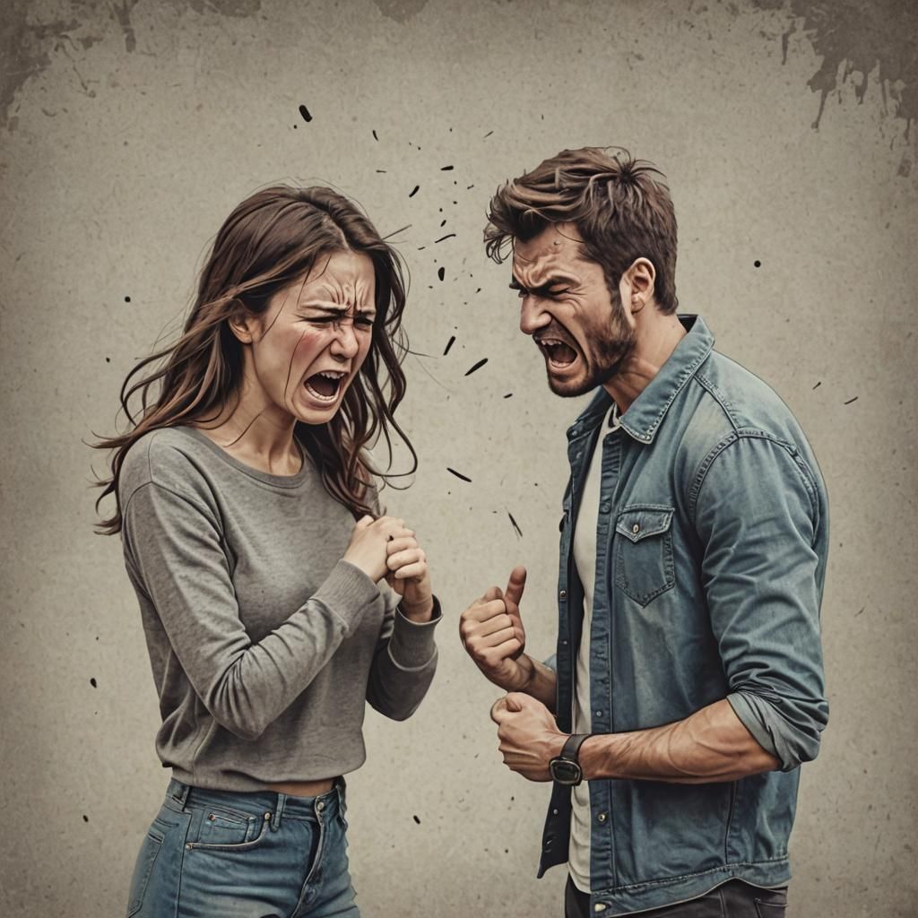 Create the image of a couple who is fighting with each other. The girl is crying and the boyfriend is angry.