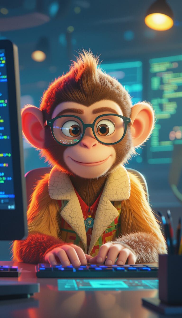 Monkey's Coding Journey: 3D Animation Style