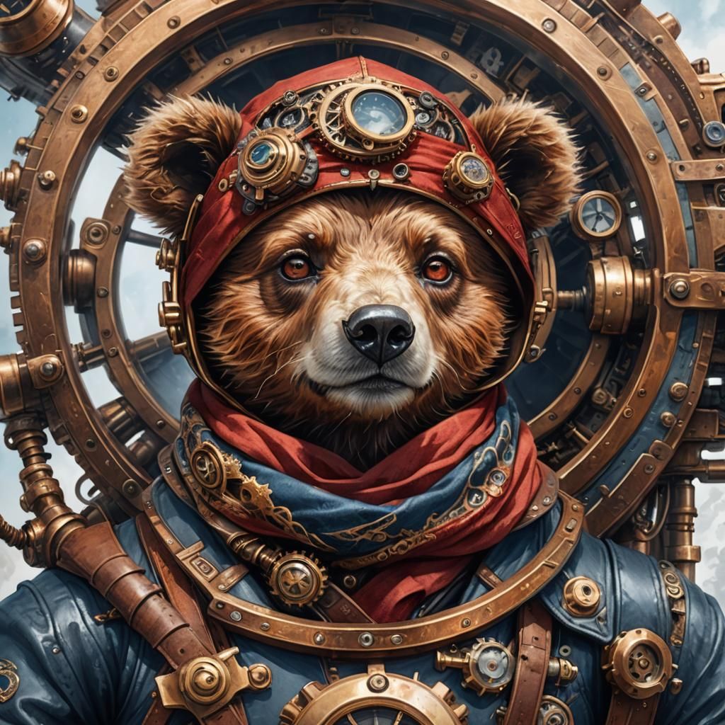 Steampunk Baby Bear Flying a Steam-Powered Plane