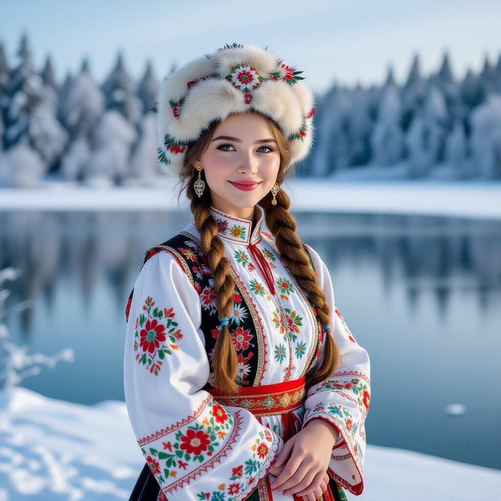 Russian Girl in Traditional Dress on Snowy Lake