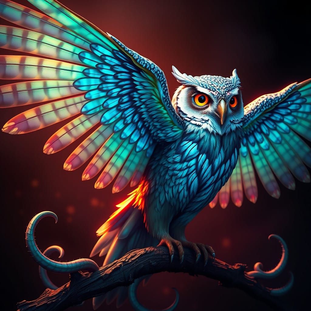Mystical Owl with Iridescent Wings in a Fantastical Realm