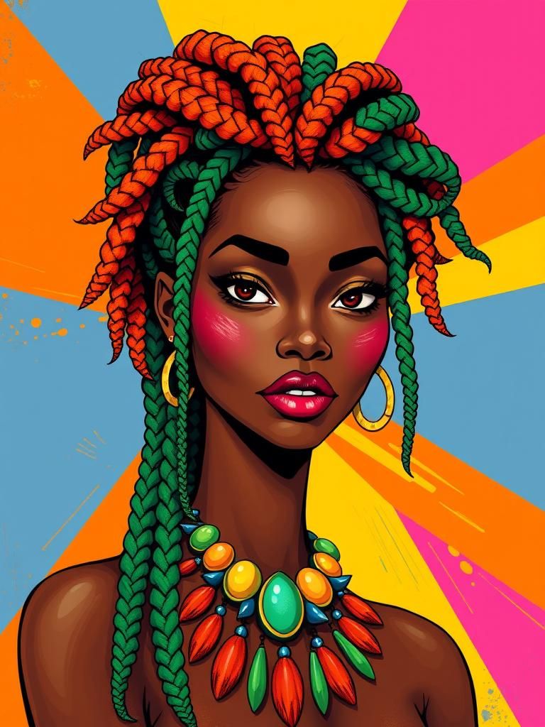 Colorful Vector Portrait of Woman with Braids
