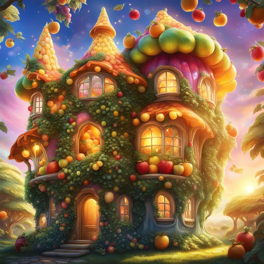 Vibrant Fruit Manor with Whimsical Fairy Residents
