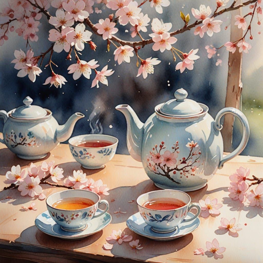 Cherry Blossom Teapot: A Delicate Watercolor Painting