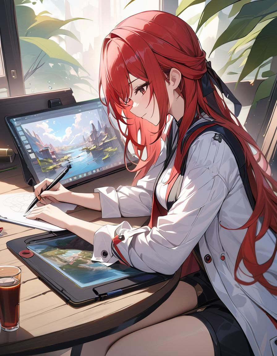 Red-Haired Architect Girl Sketching Art